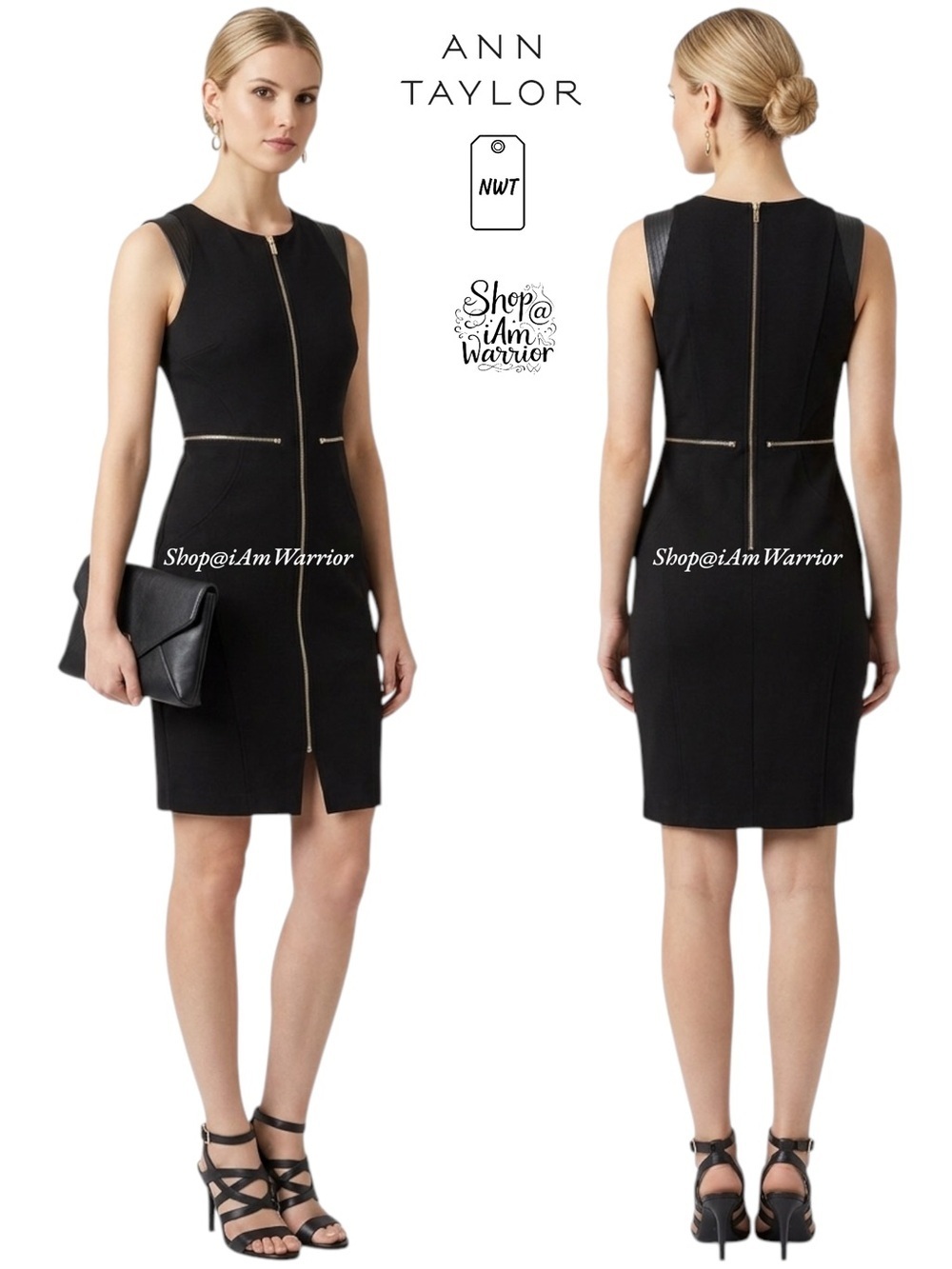 Ann Taylor NWT black ponte knit faux leather zip dress *shop@iamwarrior